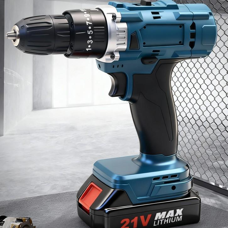 21V High-Power Brushed Lithium-Ion Hand Drill with Impact, Speed, & Three-Function Settings - Electric Drill Tool Set.