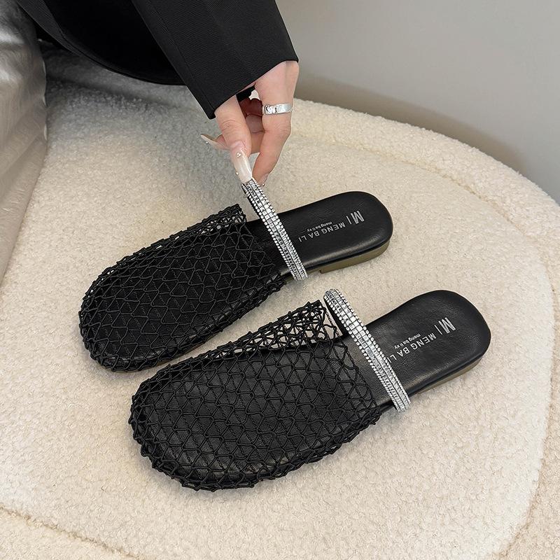 

2025 лето новый рыболовная сетка поверхность полый страз сумка голова полушлепанцы женская обувь плоские повседневные пляжные крутые шлепанцы 40 чёрный