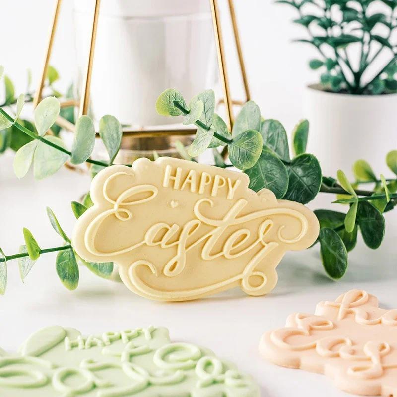 Happy Easter Blessing Words Fondant Icing Cookie Cutter Mold Easter Party Dessert Decor Embossing Stamp Househeld Baking Tool