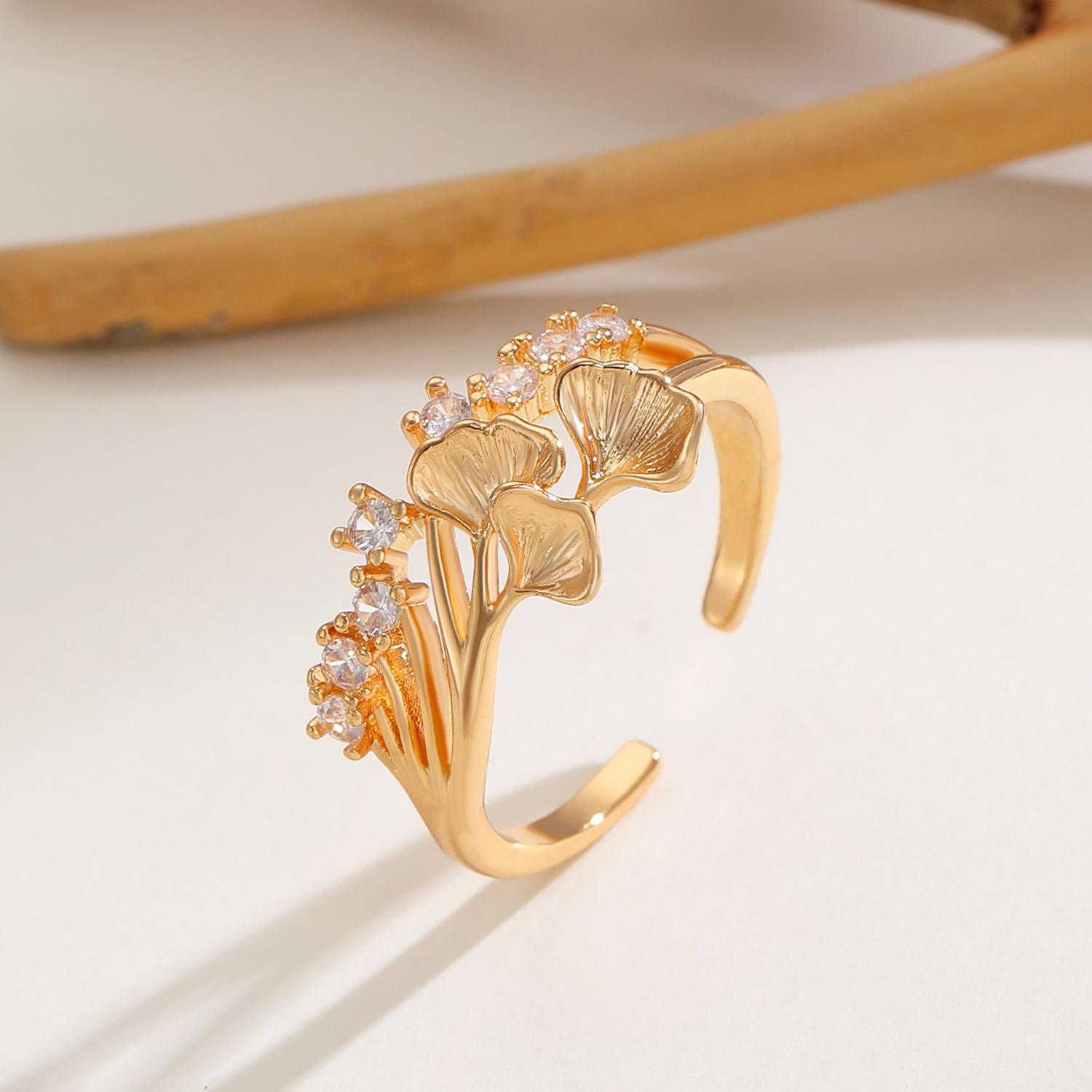 

LATS French-style Fashion Light Luxury Zircon Ginkgo Leaf Open Ring for Women Girl Personalized Design Rings Fashion Zircon 1.7CM