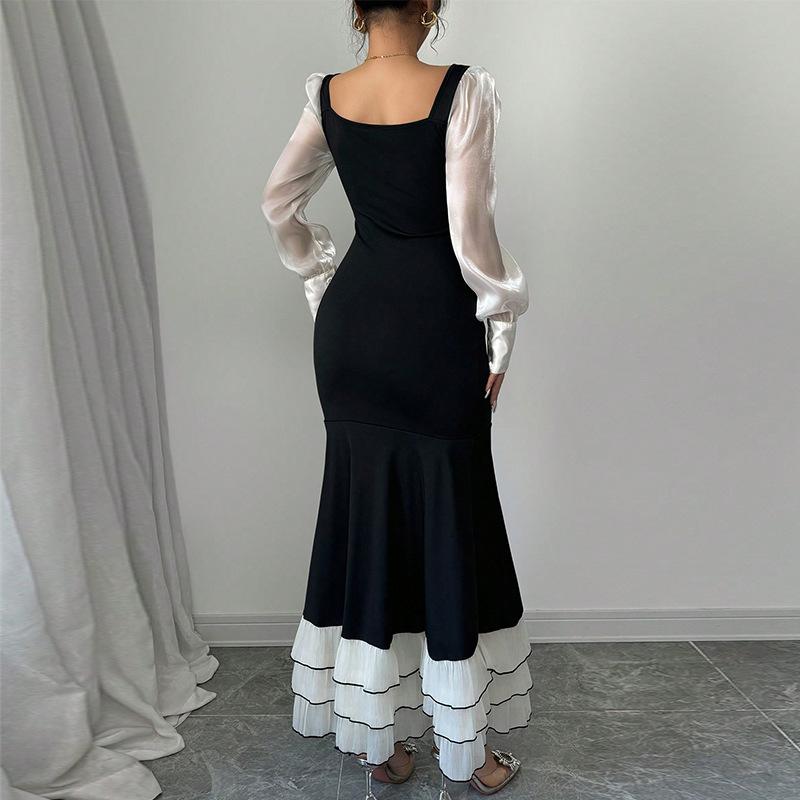 Spring Autumn Elegant Party Evening Dresses Women Fashion Contrast Mesh Splicing Ruffles Women's Maxi Dress Casual Bodycon Dress