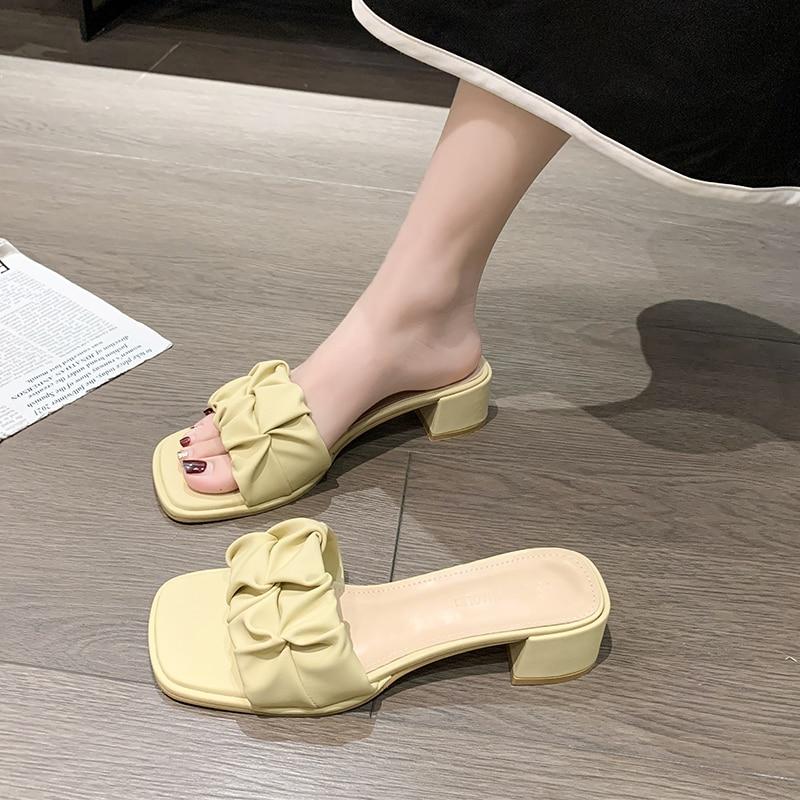 Zapatillas Clásicas para Mujer Sandalias Mules Tacones Medios Cuadrados Zapatos Mujer Lisas Plisadas Zapatillas de Verano Talla Grande Zapatos De Mujer