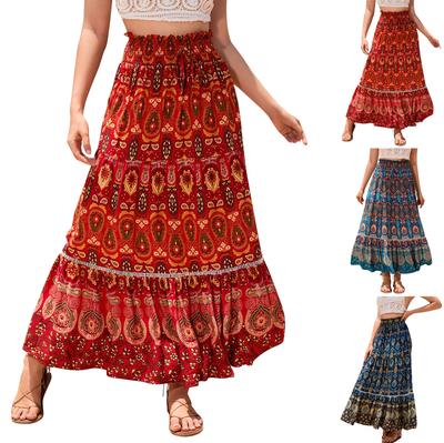 Women's Ethnic Style Printed Skirt Bohemian Beach Skirt Hollow Lace Splicing Long Skirt For Women