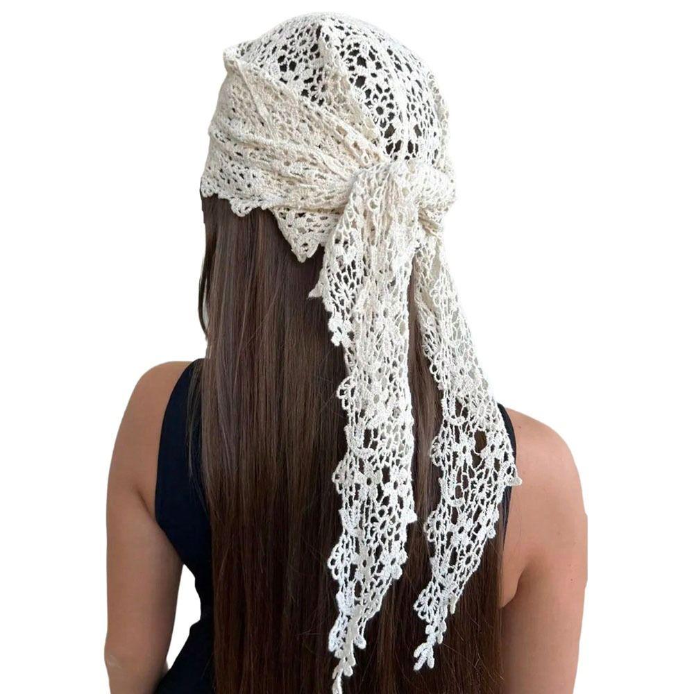 Sheer Mesh Floral Lace Scarf Hollow Design Crochet Headscarf Cute Beach Hair Band  Beach Outfits