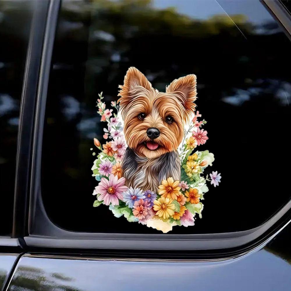 QT2028#15cm Yorkshire Terrier und Blumig Wasserdichter Auto-Dekorationsaufkleber, Geeignet für Autos, Laptops, Stoßstangen, Glasfenster-Aufkleber