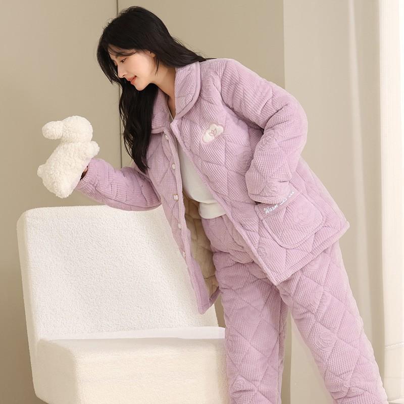 Womens Coral Fleece Quilted Pajama Set Winter Warm Flannel Loungewear