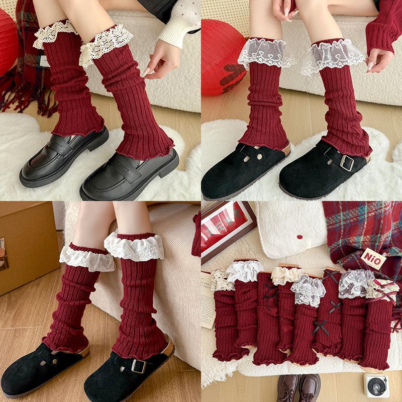 Angora Red Lolita Lace Calf Socks for Women - Korean Style Autumn/Winter Ballet Leg Warmers, Perfect for New Year and Christmas.
