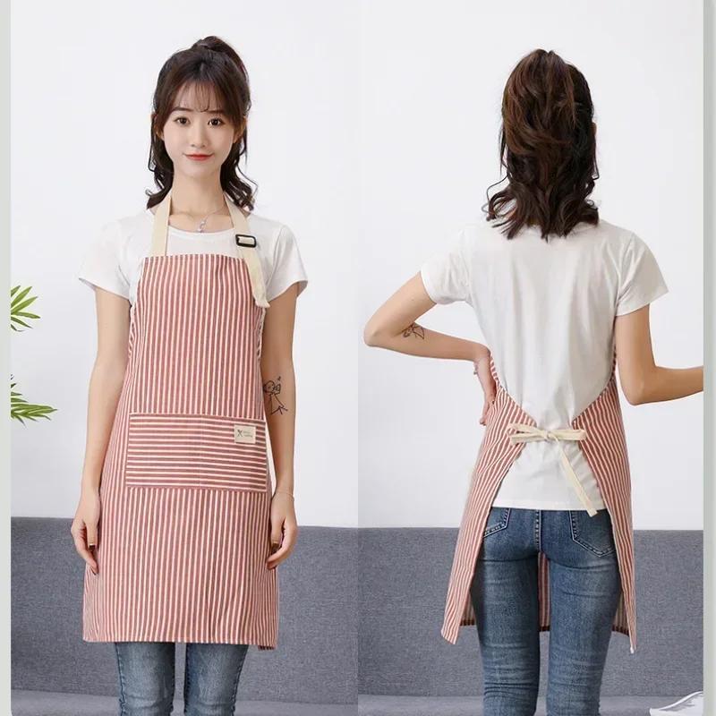 Sleeveless Linen Striped Apron Household Fashion Hanging Neck Adjustable Elasticity Work Clothes Kitchen Cooking Gardening Apron