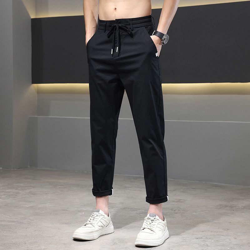 Of Foreign Trade Surplus: Summer Thin Pure Cotton Straight-Leg Trendy Casual Pants for Men, Breathable Versatile Drawstring Cropped Dress Pants