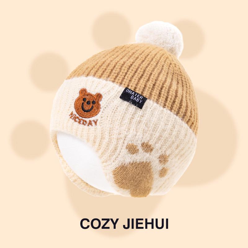 

Korean version of baby knitted hat winter outdoor warm Garib hairball ear protection hat cute bear children s wool hat 48-51cm