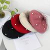 Autumn and winter solid color wool beret women's pearl mesh bud hat small fragrance British retro painter hat tide