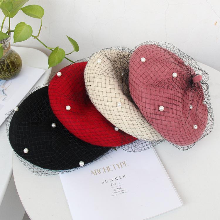 Autumn and winter solid color wool beret women's pearl mesh bud hat small fragrance British retro painter hat tide