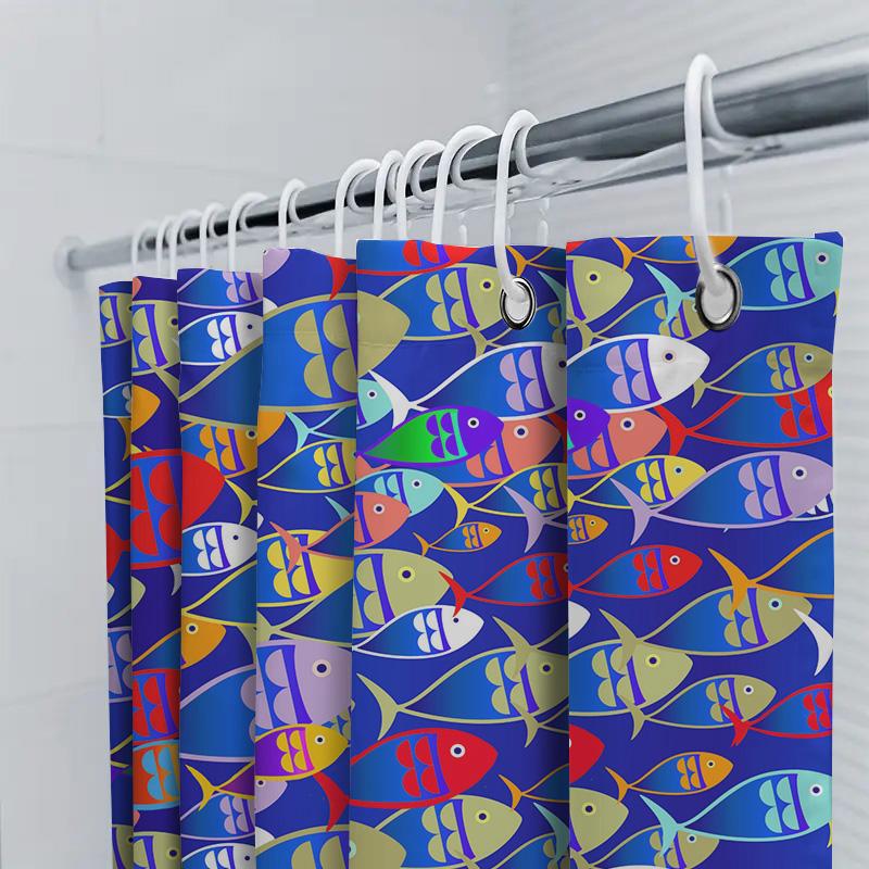Colorful Fish Print Shower Curtain Creative Blue Background With Multiple Designs Bathroom Decor For Kids Adults