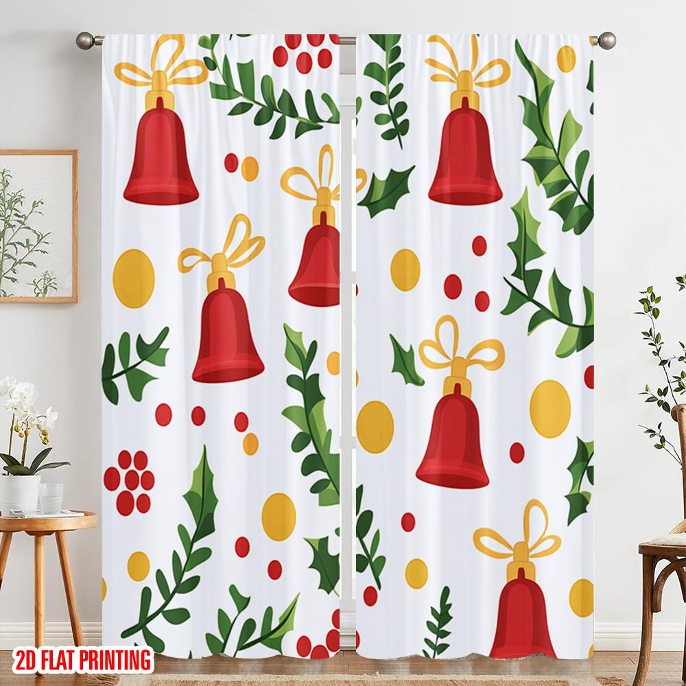2pcs,2D Plane Printing Popular Curtain Panels Christmas Bells Holly Berries_a (2) Polyester (without Rod) Versatile All Perfect