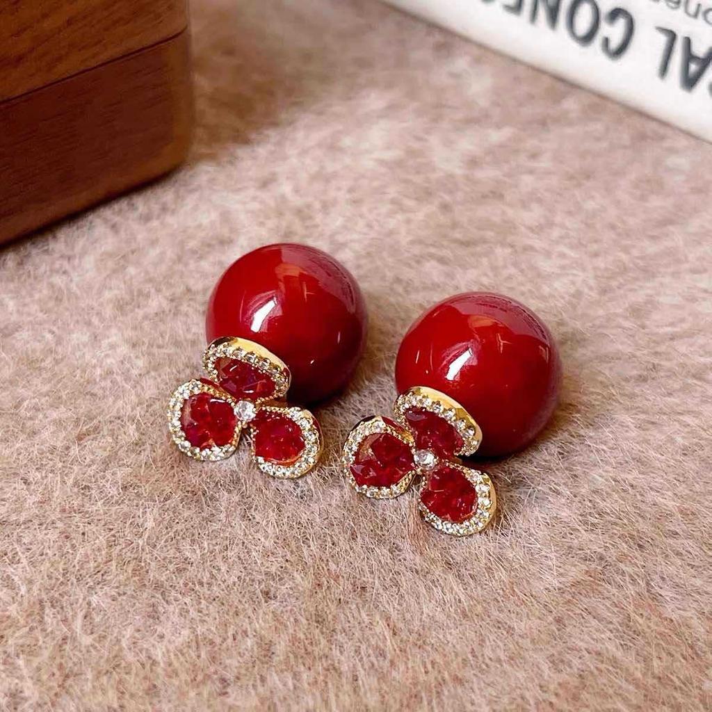 French retro Hong Kong style red geometric resin earrings stud earrings personality temperament earrings women