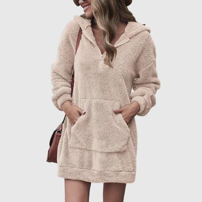 Women Hoodie Dress with Big Pocket Hooded Long Sleeves Thick Plush Solid Color Loose Mini Dress Pullover Daily Wear Casual Mid Length Top