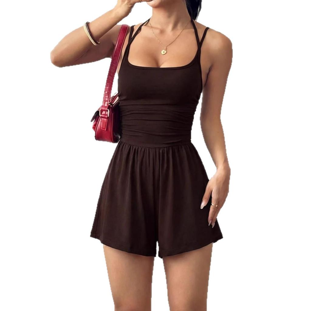 2026 Summer Women's Spaghetti Strap Casual Bandeau Jumpsuit with Wide Leg Shorts