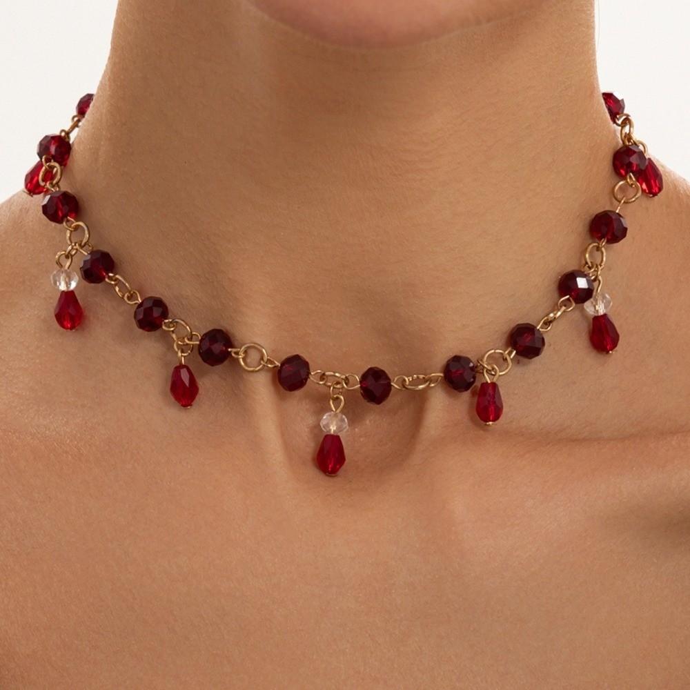 Red Crystal Bead Chain Tassel Drop Crystal Collar New Party Jewelry Night Event
