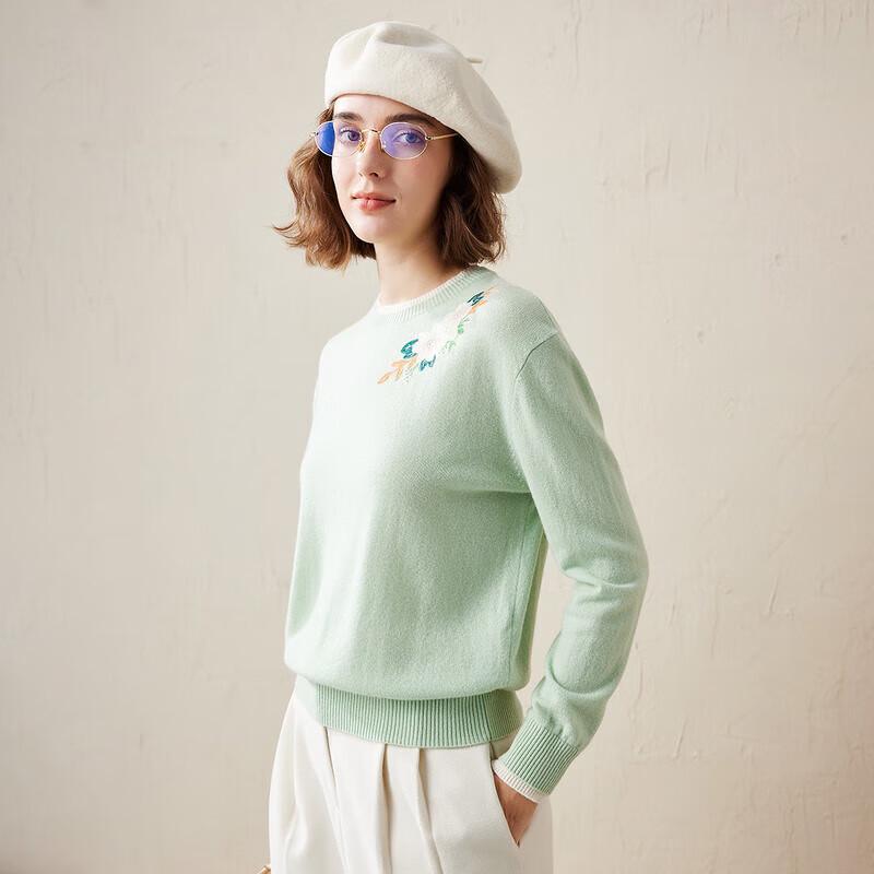 Kemengboka Women's Pure Cashmere Embroidered Color Block Sweater