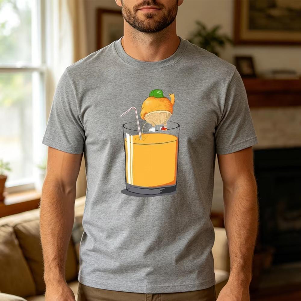 Funny Orange Fruit Drinking Orange Juice Cartoon Art Graphic T Shirt Unisex Casual Daily Wear Summer Short Sleeve Tee Tops