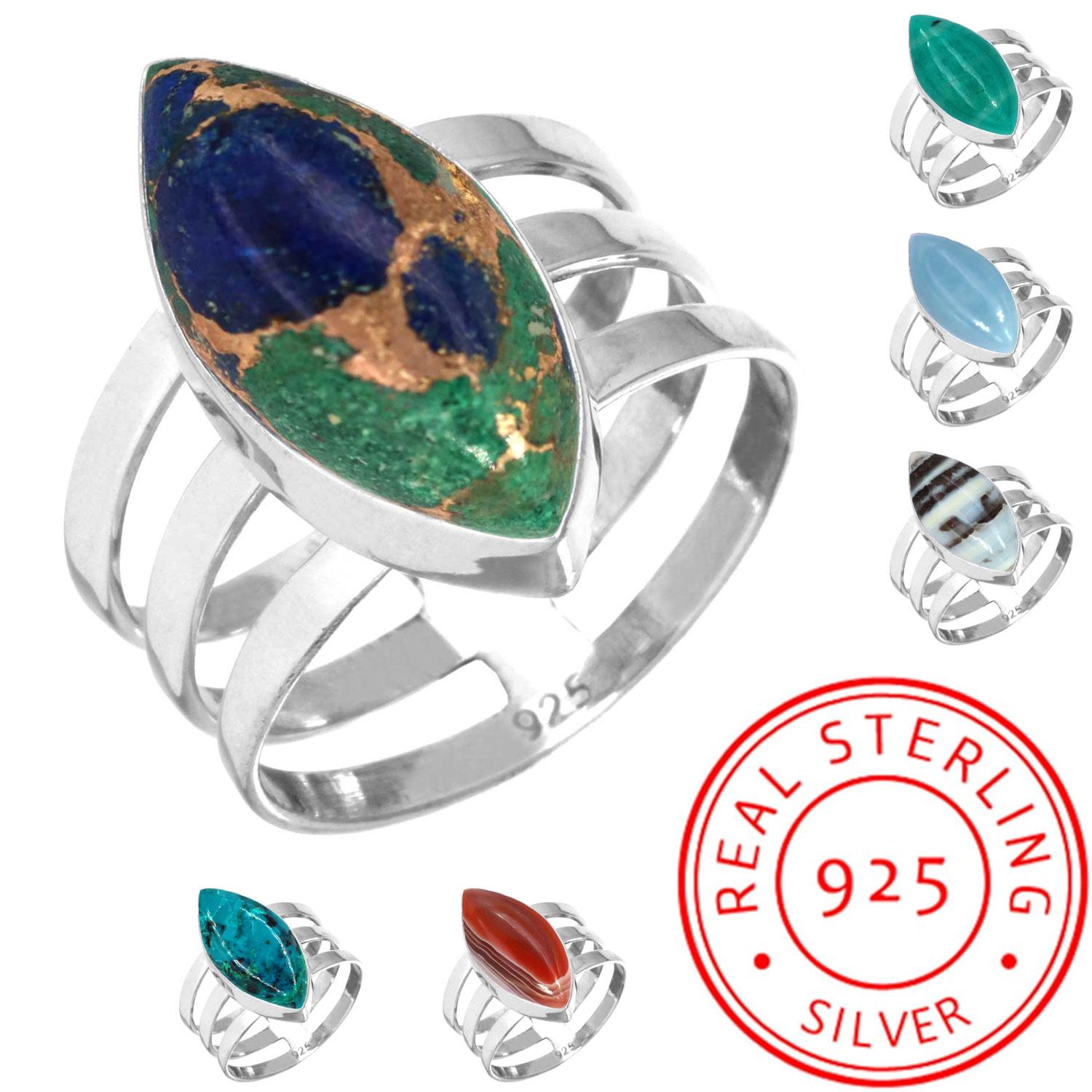 

925 Sterling Silver Ring Women Gemstone Handmade Jewelry Halloween Gift Amazonite Angelite Blue Opal Botswana Agate Mohave Azurite Chrysocolla Costume 13