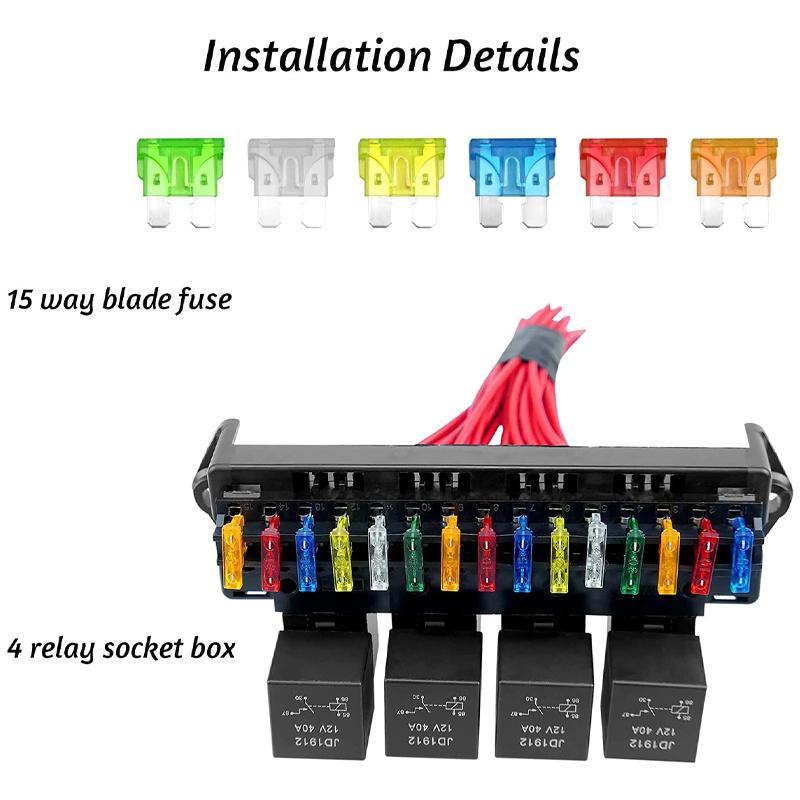 Kit cutie de relee pentru siguranțe pentru barcă de 12 V, 15 căi, 4 relee, ansamblu multi-circuit, suport pentru siguranțe cu 15 fante, cu relee, siguranțe pentru camion auto auto