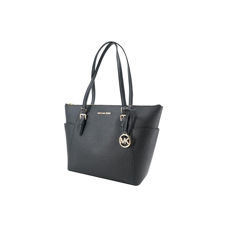 Michael Kors Mk Charlotte Vintage Solid Color Logo Pendant Large Capacity Commuter Tote Shopping Bag Women Tote Black 35T0GCFT7L-BLACK