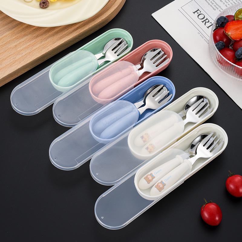 304 Stainless Steel Children's Spoon & Fork Set with Portable Box - Ideal for Baby Feeding and Student Use.