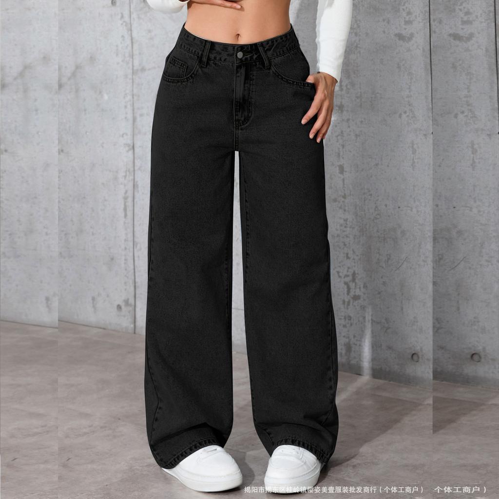 Women High Waist Straight Leg Jeans Casual Loose Fit Wide Leg Denim Pants Floor Length Trousers with Pockets and Belt Loops