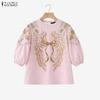 ZANZEA Damen Freizeit Rundhals Locker 3/4 Ärmel Print Bluse