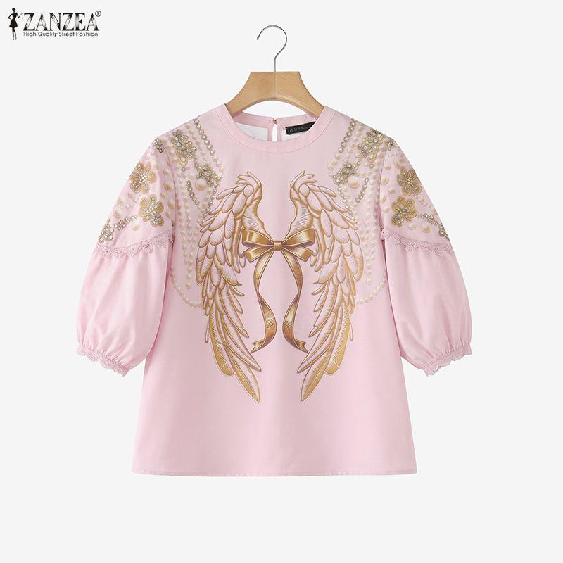 ZANZEA Damen Freizeit Rundhals Locker 3/4 Ärmel Print Bluse