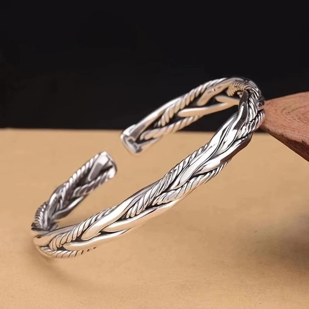 Hip-hop Personality Ancient Silver Weave Twist Opening Adjustable Bangles for Men Women Couple Retro Simple Jewelry Accessories