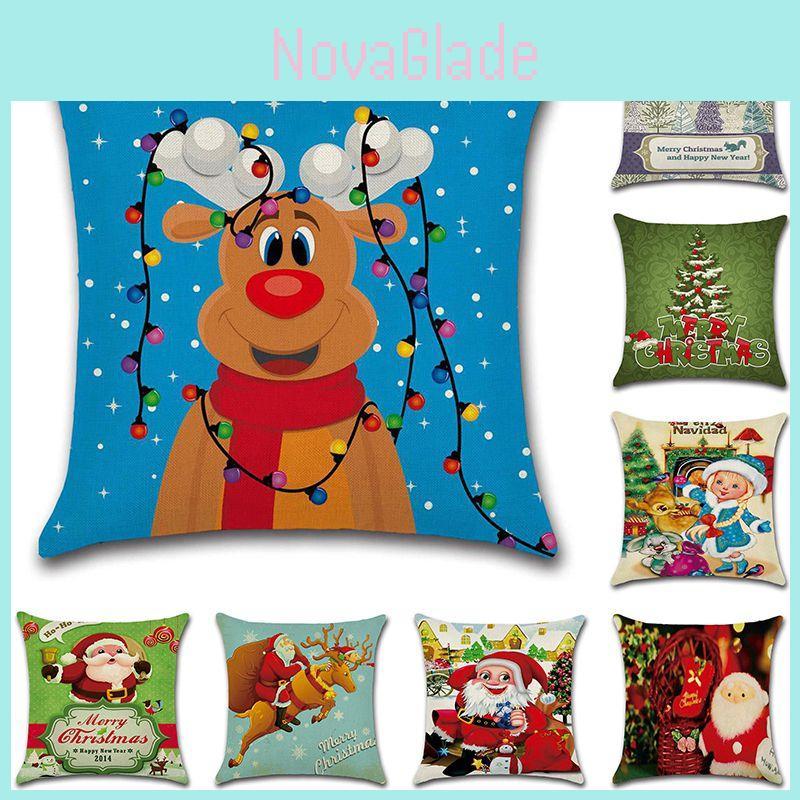 Happyspree Happy Christmas Pillow Cases Stylish Flax Sofa Cushion Covers For Festive Decor
