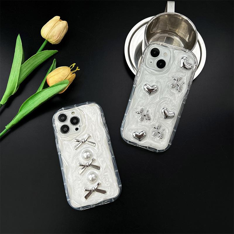 Pearl Bow Cream Ins Style Phone Case for IPhone 17 Pro Max Glitter Resin for IPhone 16 Soft