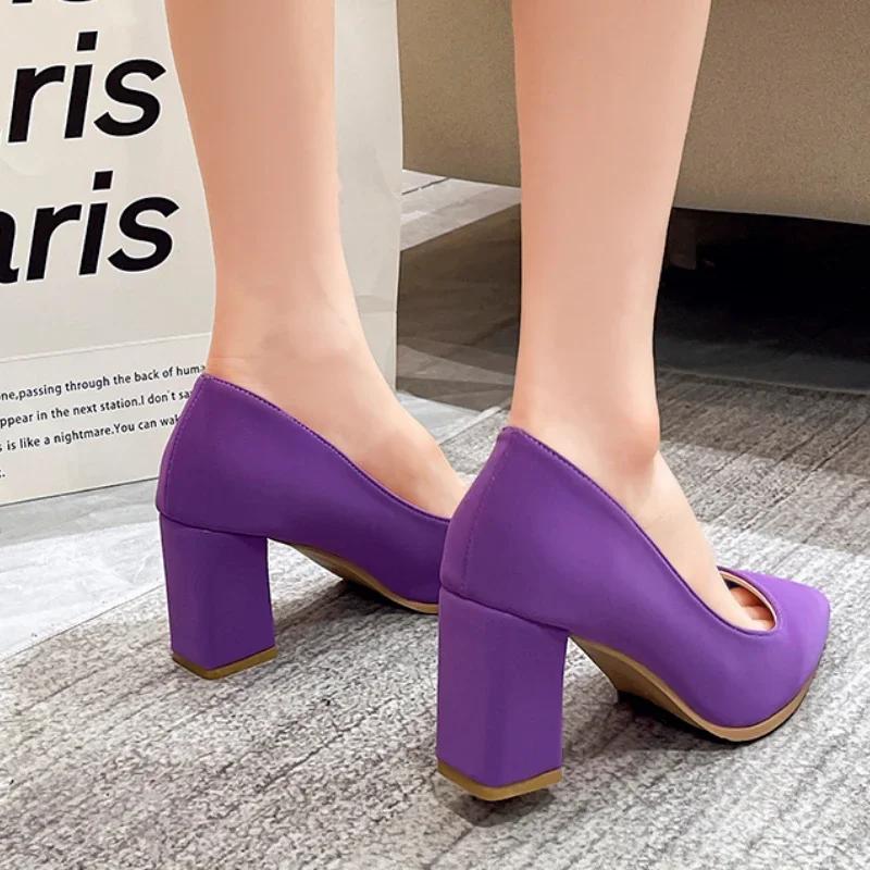 Fashion Purple High Heels 2024 Autumn New Women's Pumps Comfortable Shallow Office Lady Shoes Sexy Pointed Toe Chunky Heels Big Size 43