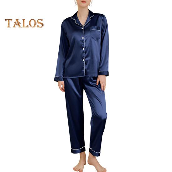 2-teiliges Pyjama-Set aus Satin, einreihig, Strickjacke, V-Ausschnitt, Reverskragen, einfarbiges Hemd, weite Hose, lockere Hose, Nachtwäsche