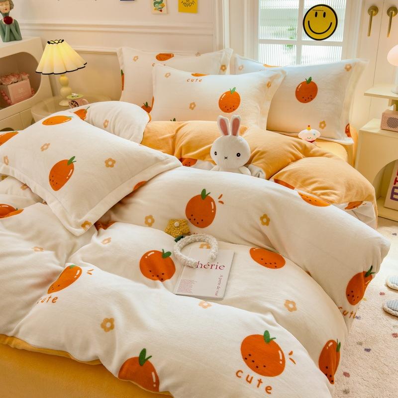 Thickened Milk Fleece Four-Piece Set, Coral Flange Double-Sided Fleece Quilt Cover, Bed Sheet, Bed Hat Three-Piece Set