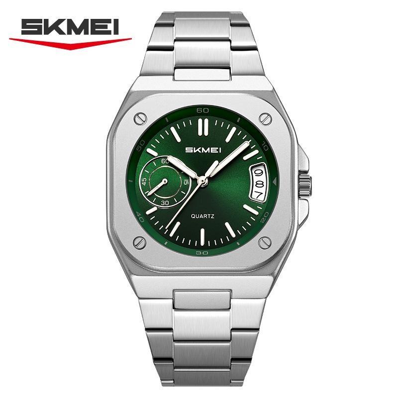 Mens Analog Quartz Wrist Watch Waterproof Luminous Dial Calendar Window Steel Band Square Dress Watches