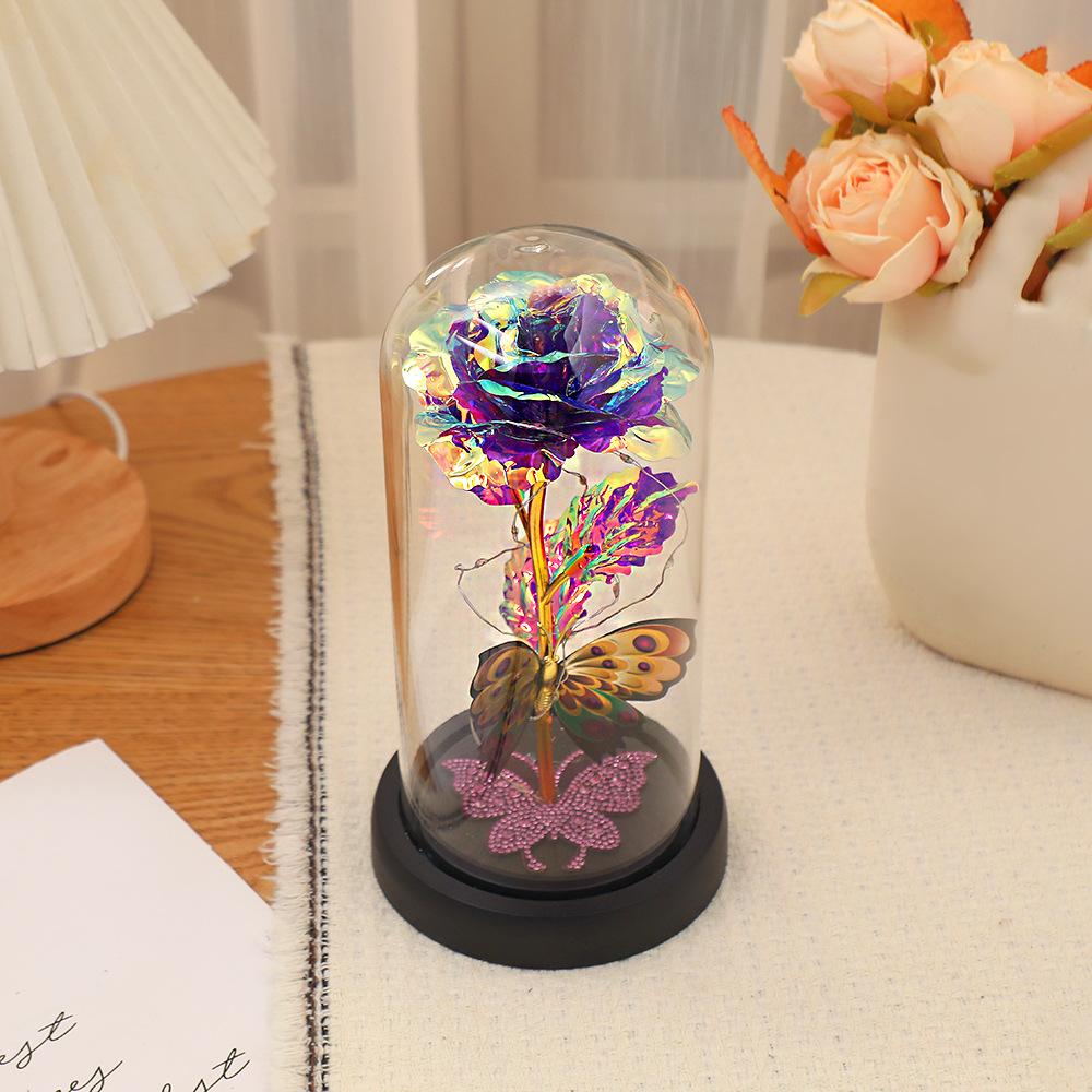 Butterfly Water Brick Gold Foil Flower with Lamp Glass Cover, Bedroom Rose Night Light Ornament, Valentine's Day and Mother's Day Gift.