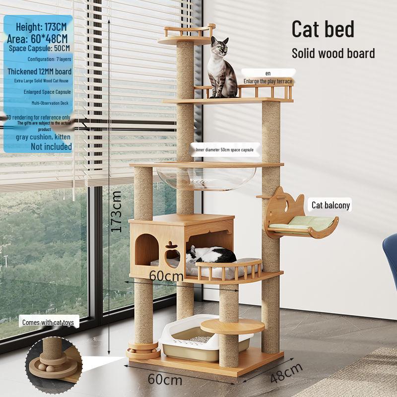 Large Solid Wood Cat Tree with Space Capsule, Plus Size Scratching Post & Board, Floor-to-Ceiling Multi-Season Toy, Wear-Resistant.