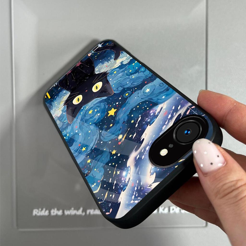 Case for iPhone 16e/17e Anime Black Cat Starry Cloud Print Phone Cover Acrylic Hard Back Shell With Flexible TPU Edge