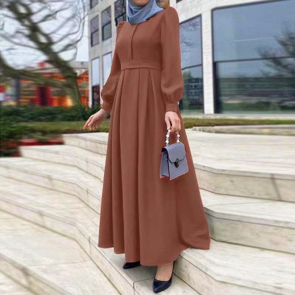 New Arrival: Cross-Border Middle East Casual Loose Solid Color Zipper Muslim Long Dress with Belt
