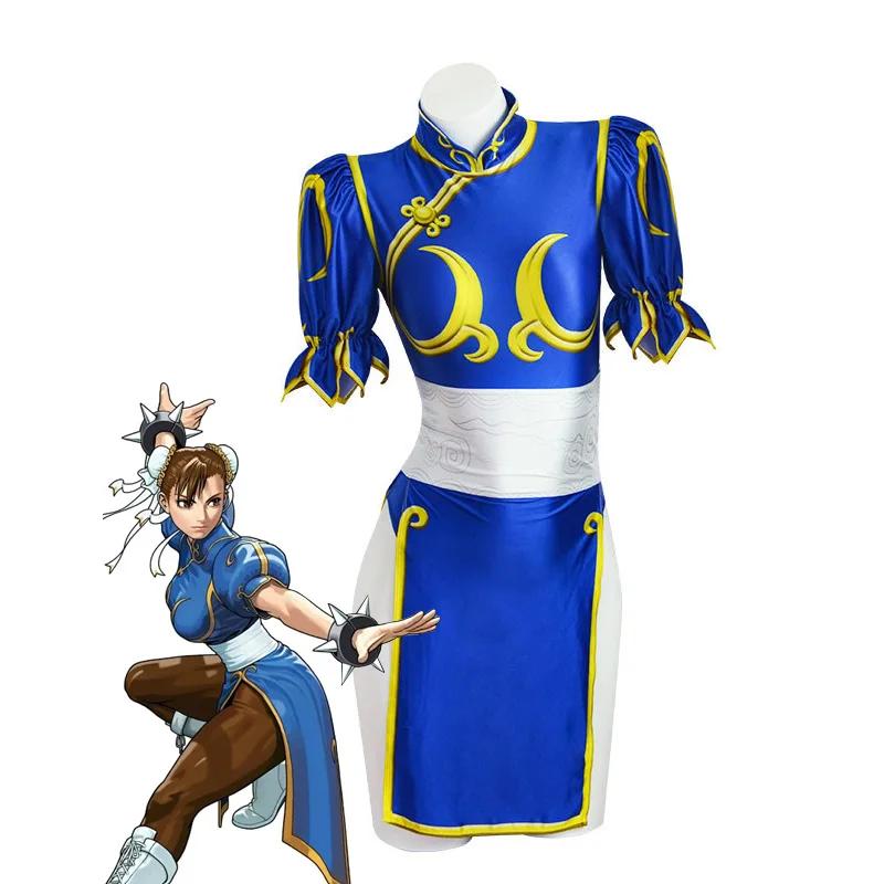 Chun Li Cosplay Dress Costume Game SF Chunli Role Play Blue Qipao Outfit Full Set Jackie Kung fu Halloween Party Suit For Fun
