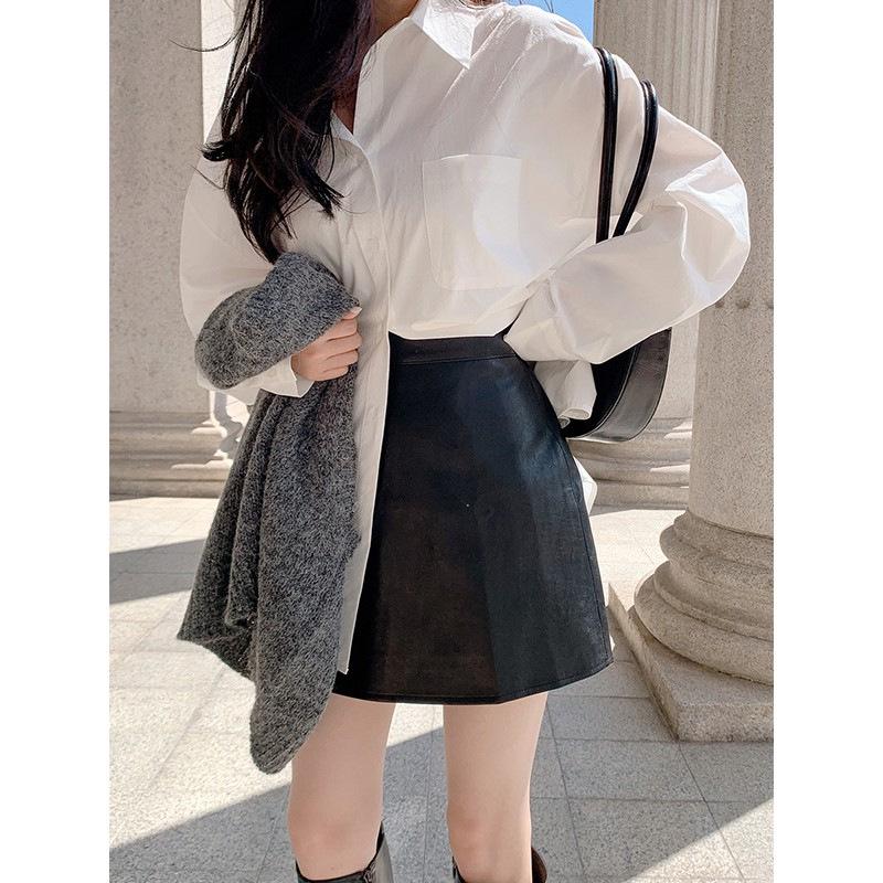 Women's Casual White Cotton Long-Sleeve Shirt - Korean Style, Medium-Length