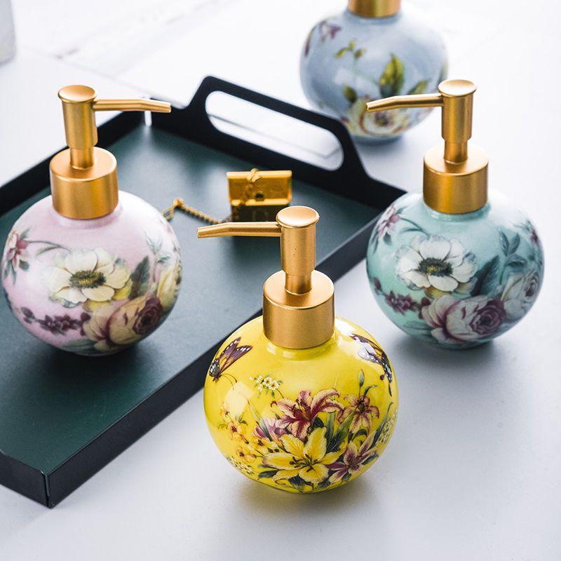 American Painted Flower Ceramic Lotion Bottle Gold Press Soap Dispenser Household Shampoo Water Bottling Bathroom Accessories