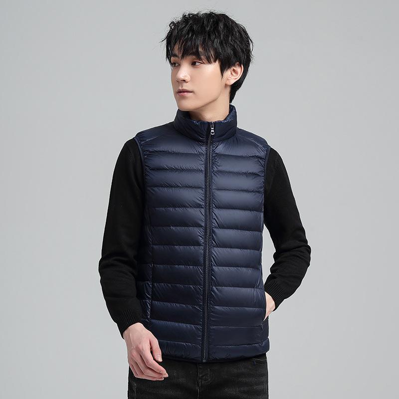 Winter Thin Down Sleeveless Vest for Men Solid Color Stand Collar White Duck Down Thermal Top Jacket for Men