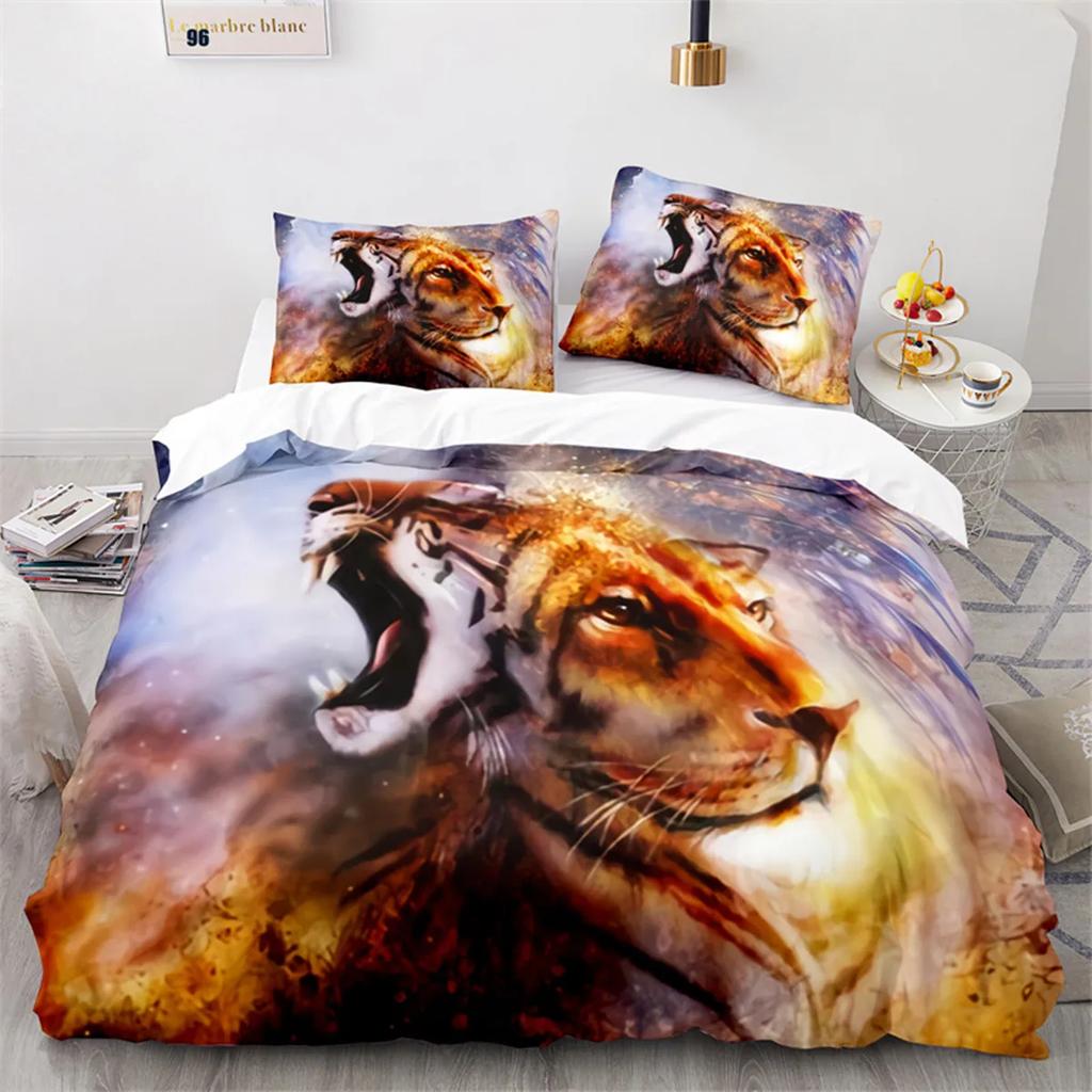 Lion Tiger And Leopard Animals Duvet Cover For Children Teen Wild Animals Theme With Pillowcases For Bedroom Decorations Queen
