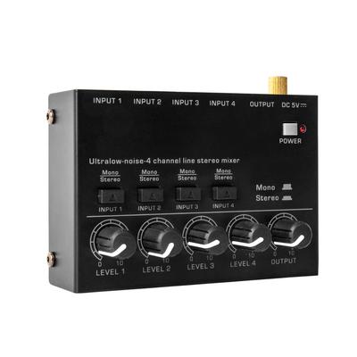 Extrem geräuscharmer 4-Kanal-Line-Stereomixer, 4 Eingänge, 1 Ausgang, DC 5 V, tragbarer Mini-Audiomixer, Mikrofon, Gitarre, Bass, Keyboard, Mixer für Clubbar