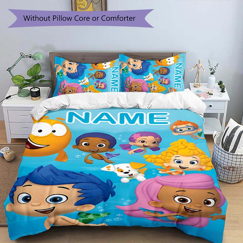 3pcs Bubble Guppies Cover Set - Personalized Name, HD Printed Bedding with 1 Cover and 2 Pillowcases - Perfect for Home Decor, Easy Care