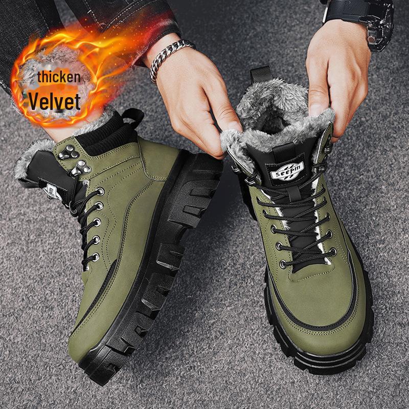 British Style Men's Winter High-Top Velvet Lace-Up Cotton Boots with Thick Soles